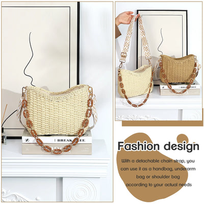 KPX Straw Tote Bag for Summer, Straw Purses and Handbags for Women, Woven Beach Tote Bag with Chain