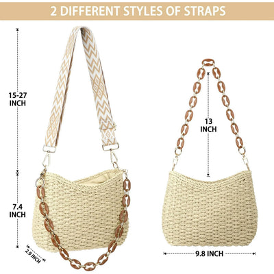 KPX Straw Tote Bag for Summer, Straw Purses and Handbags for Women, Woven Beach Tote Bag with Chain