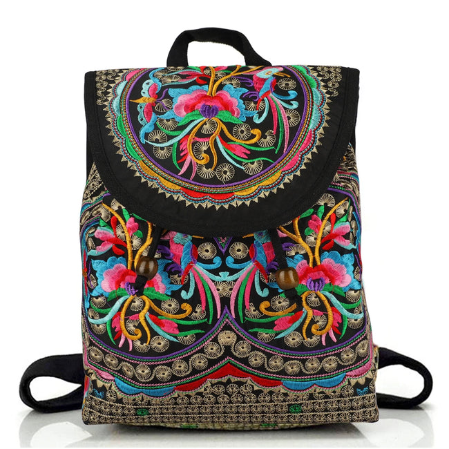 Boho Embroidered Backpack for Women, EEEkit Vintage Handmade Canvas Shoulder Bag with Ethnic Drawstring