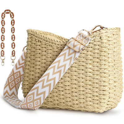 KPX Straw Tote Bag for Summer, Straw Purses and Handbags for Women, Woven Beach Tote Bag with Chain