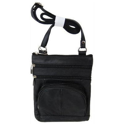 Roma Leathers Genuine Leather Multi-Pocket Crossbody Purse Bag (Black)
